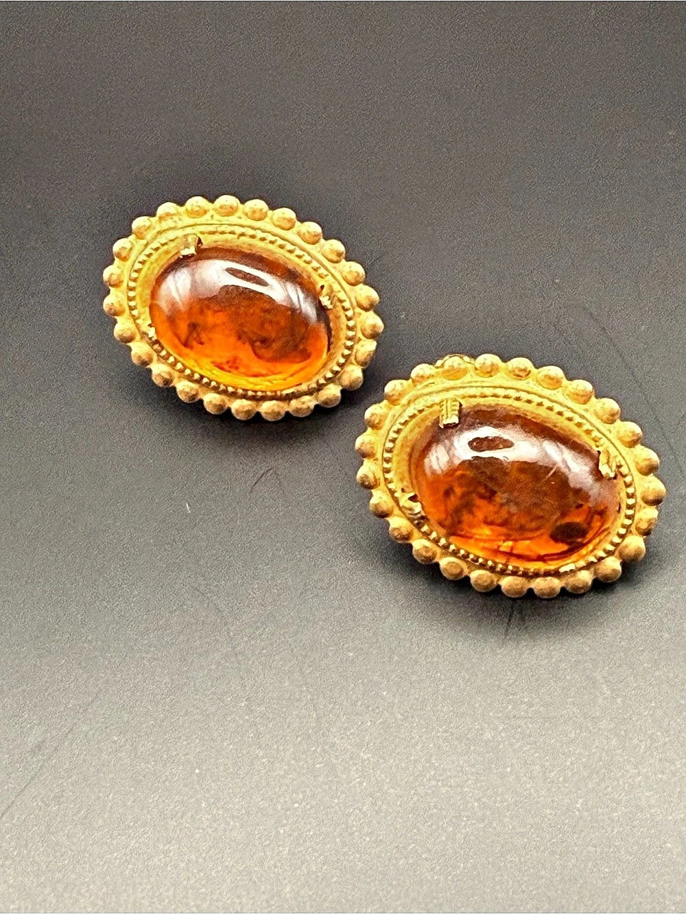 Vintage Miriam Haskell Amber Art Glass Cabochon Clip Earrings Signed HASKELL